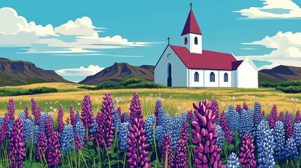 Wall Mural - Modern Minimalist Graphic Poster of Vik Church Surrounded by Lupines - Harmonizing Architecture and Nature in Iceland