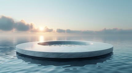 Poster - 3D rendering of a concrete platform floating on water with a sunset in the background