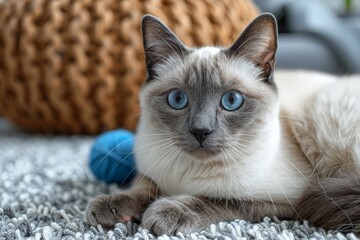 A blue-eyed Siamese cat laying on a soft rug with a blue ball of yarn nearby, evoking playfulness and relaxation.