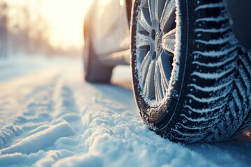 Wall Mural - Close-up Detail Of Car Winter Tire Driving On Snowy Road In Beautiful Winter Morning sunlight