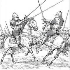 A historical scene of knights jousting, coloring page for kids, simple outline illustration. Coloring book, simple lines.