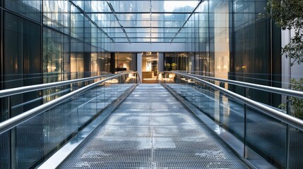 Wall Mural - Detailed shot of a glass bridge connecting two buildings, with intricate steel and glass design elements illuminated by natural light