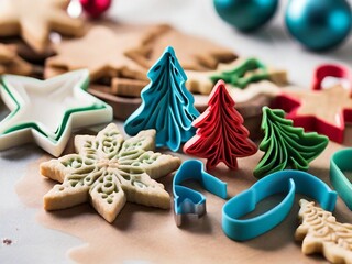 A close-up photo of Christmas-themed cookie cutters with festive shapes, ready for creating seasonal treats and capturing the joy of holiday baking.