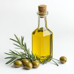 Poster - A stylish glass bottle filled with golden olive oil sits elegantly beside fresh green olives and rosemary sprigs. Perfect for culinary purposes, health benefits, or gourmet cooking. AI