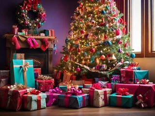 Wall Mural - Christmas tree surrounded by presents wrapped in colorful paper and adorned with bows, capturing the festive excitement and holiday spirit.