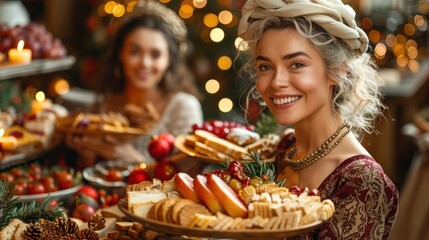 A festive holiday gathering with family members holding platters of traditional holiday foods, all smiling and dressed in festive attire, capturing the holiday spirit