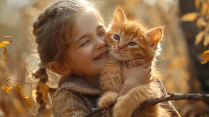 A little girl giggling with delight as she receives a playful tabby kitten, her face glowing with happiness