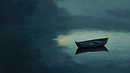 Wall Mural -   Small boat on water under cloudy sky with full moon in background