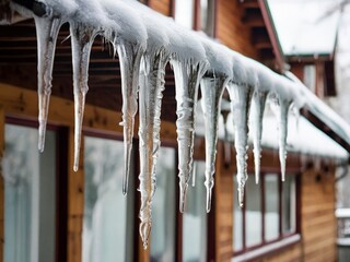 icicles hanging from a roof at christmas time. winter showcasing the frosty and serene beauty of the snowy landscape.