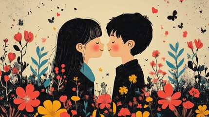 Wall Mural - Siblings in the Garden: Minimalist Retro Illustration of Brother and Sister Sharing Love and Joy in Nature