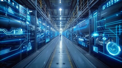 Wall Mural - futuristic industrial interior with blue glowing lights and machinery