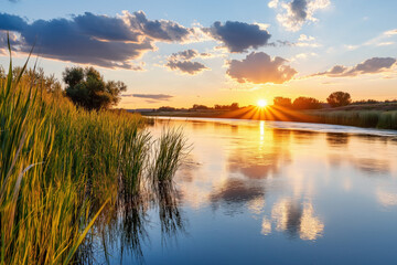 Wall Mural - Tranquil Lake And Sunset