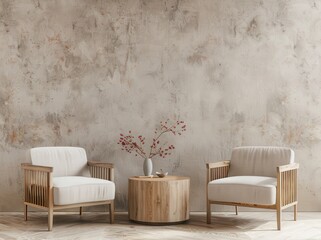 Two wooden armchairs with white cushions face each other in a room with a rustic concrete wall, a wooden coffee table, and a vase with red berries