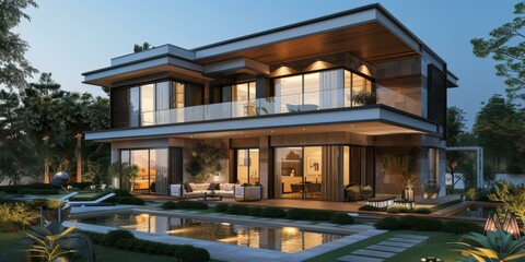 Modern Luxury Villa by the Poolside Evening Scene