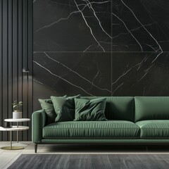 Modern living room interior with a stylish green sofa against a luxurious dark marble wall. Elegant home decor with minimalist furniture