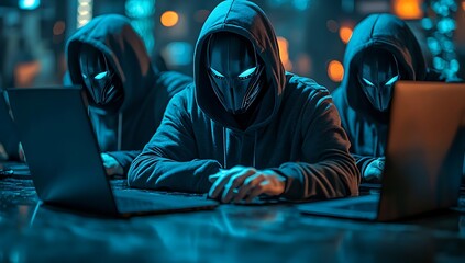 Anonymous criminal hacker organization groups in mask and hoodie. Obscured dark face using laptop computer for cyber attack, hack other people's accounts, darknet and cyber security concept