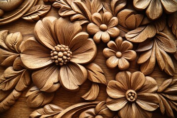 A wooden carving of flowers with a floral design, generative ai image