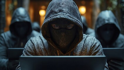 Anonymous criminal hacker organization groups in mask and hoodie. Obscured dark face using laptop computer for cyber attack, hack other people's accounts, darknet and cyber security concept
