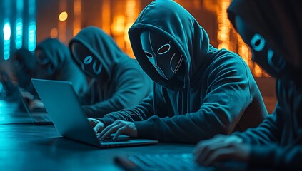Anonymous criminal hacker organization groups in mask and hoodie. Obscured dark face using laptop computer for cyber attack, hack other people's accounts, darknet and cyber security concept
