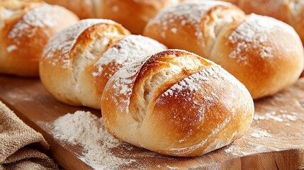 Poster -   Bread rolls on wooden board with powdered sugar