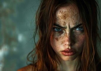 Wall Mural - Close-up Portrait of a Woman with Freckles and Strong Eyes