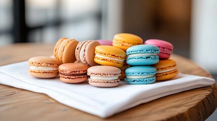 Wall Mural -   A colorful array of macaroons resting atop a white napkin, positioned on top of another white napkin, atop a wooden table