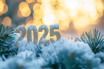 little letters “2025”. spruce branches are soft and fluffy, covered with snow, atmospheric spruce needles are long and short, natural, over festive blurred bokeh golden background