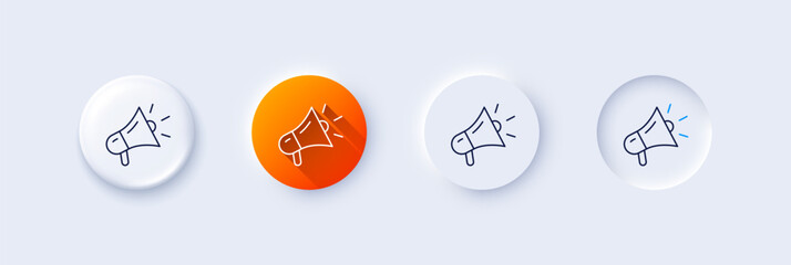 Megaphone line icon. Neumorphic, Orange gradient, 3d pin buttons. Advertisement device symbol. Brand ambassador sign. Line icons. Neumorphic buttons with outline signs. Vector