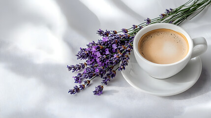 Wall Mural - A cup of coffee sits beside a bouquet of lavender on a white tablecloth and white saucer