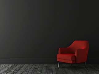 Modern red armchair in an empty black room with wooden floor. Minimalist interior design with copy space on the wall