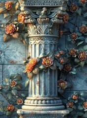 Canvas Print - Ornate Stone Column Decorated with Blossoms