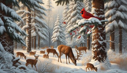 winter forest with deer among snow-covered trees and a red cardinal bird on a tree branch