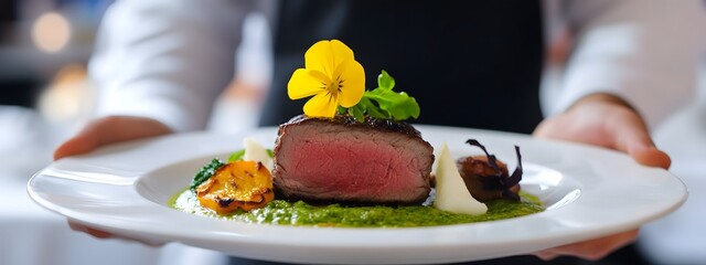 A white plate with an elegant presentation of high-end food, featuring fine dining beef fillet on top and garnished by vibrant yellow flowers