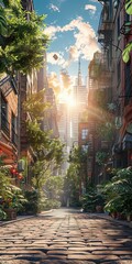 Wall Mural - City Street Scene Illustration with Lush Vegetation