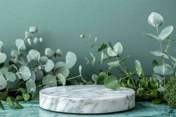 Wall Mural - Close up of marble podium with eucalyptus leaves on green background