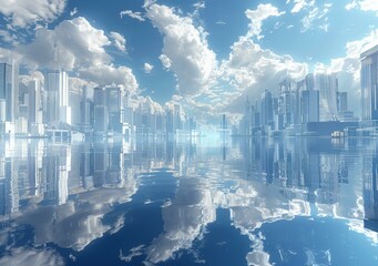 Futuristic City Reflection on Calm Water