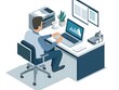 © 9DIGITECH - Man Working at Desk in Isometric Style Illustration