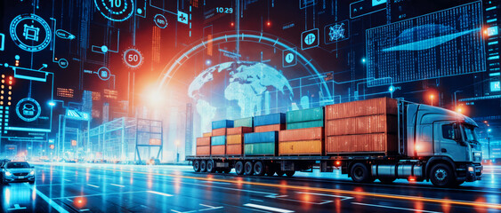 Logistics and transportation goods container truck, cargo plane road, world map background. Freight shipping industry, global import export commerce, international trade, commercial delivery traffic.