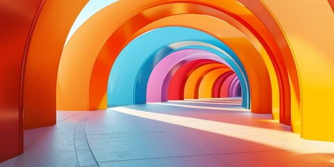 Poster - Futuristic rainbow tunnel with bright colorful arches