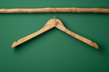 Single wooden clothes hanger on green background