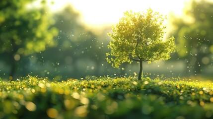 Poster - Small Tree with Green Leaves in a Sunny Field