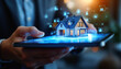 © remake - Real estate agent using tablet with hologram. Business concept. Modern technology for property investment. Showing house model on digital screen. Innovation.