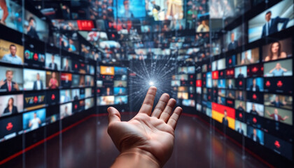 Hand businessman touching screen with media background. Technology communication concept. Modern global network connection. Digital interface virtual touch display. Futuristic internet web data online