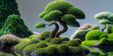 Poster - Bonsai tree with green leaves and a curved trunk in a rocky landscape with green moss and pink flowers