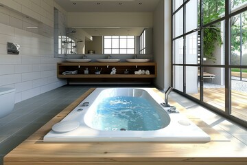 Wall Mural - Modern Bathroom Spa Tub with Large Windows