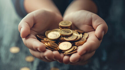 Pair of hands holds a collection of gold coins, symbolizing wealth, savings, generosity, and the value of money in a personal, intimate context.