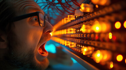 Man with glasses reacts with surprise to an array of glowing orange lights, illustrating excitement, curiosity, and amazement.
