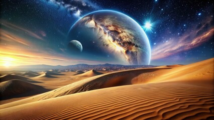 Poster - A surreal landscape of sand dunes under celestial bodies in distant space. Generative AI