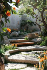 Sticker - Beautiful Garden Pathway with Stone Steps and Flowers