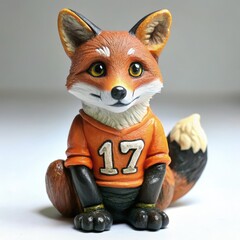 Wall Mural - A charming fox figurine wearing an orange shirt with the number 17. Generative AI